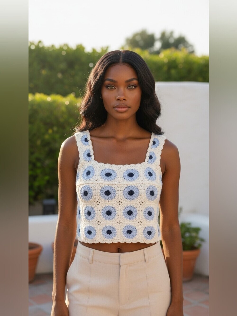 Rebellion Blue Cream Crochet Knit Floral Crop Tank Top Women's Small